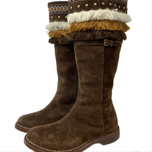 UGG AUSTRALIA Brown Tall Suede Sheepskin Boots Fringe Native Style Sz 6 - Picture 3 of 8
